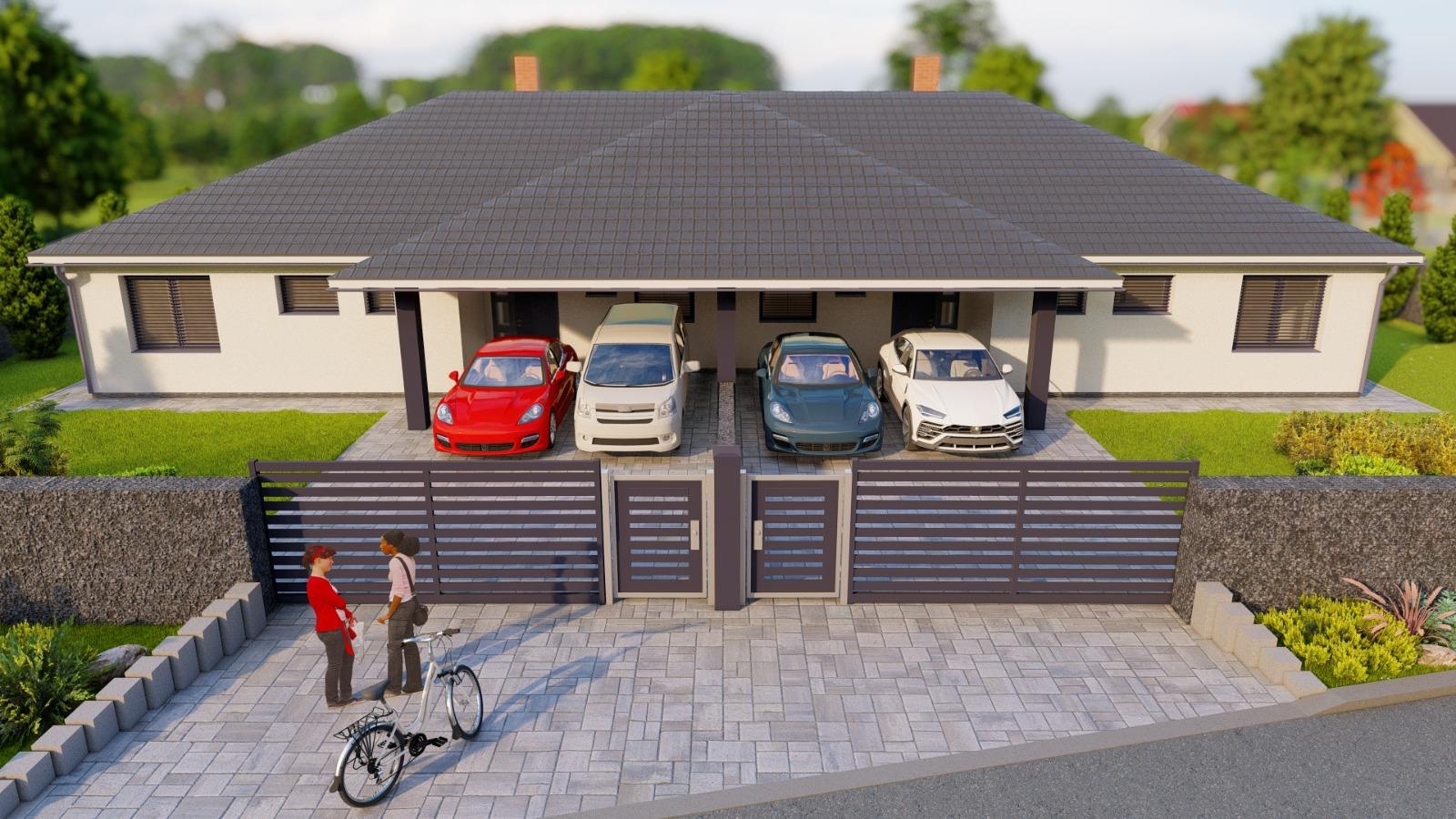 Letecký pohled na příjezd se čtyřmi auty pod krytými stáními